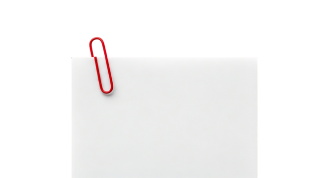 A single red paperclip holding a blank white piece of paper against a stark black background