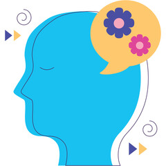 Abstract profile of a cyan blue head with swirling lines and colorful flowers in thought bubble representing mental clarity or imagination