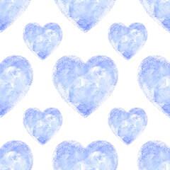 Watercolor blue heart, seamless winter pattern on a white background. Valentine's card.