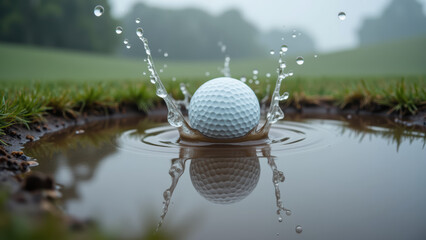Golf ball splashes into puddle, creating ripples and droplets serene outdoor setting. scene captures essence of calm, misty morning golf course
