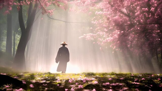 A serene, naturethemed digital artwork featuring a solitary figure amidst a dense forest of cherry blossoms. The figure is dressed in traditional attire, including a conical hat.