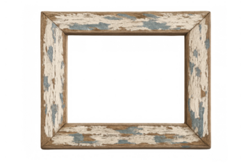 Distressed rustic wooden frame with peeling paint, grunge texture, transparent background for old memories