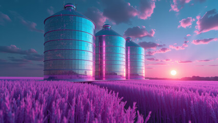 Vibrant silos reflect colorful sunset over lavender fields, creating serene and picturesque landscape
