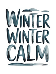 Embrace the serene beauty of winter with this calming, artistic text featuring snowy landscapes and evergreen trees.