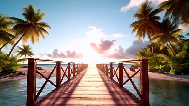 A vivid tropical beach scene with a wooden pier leading to a serene ocean. The sky is painted with hues of pink and blue, suggesting either a sunrise or sunset.