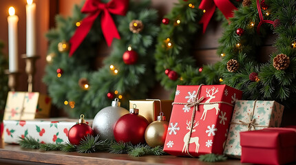 Festive christmas display featuring wreaths, gifts, and ornaments on a mantelpiece 4k and hd image