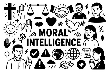 Moral intelligence doodle composition with ethics, empathy, and justice symbols, Transparent Background