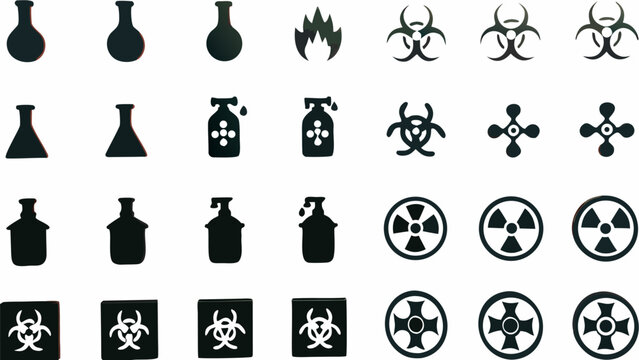 Illustration showing rows of chemical flasks, fire, biohazard and radiation symbols on a white background
