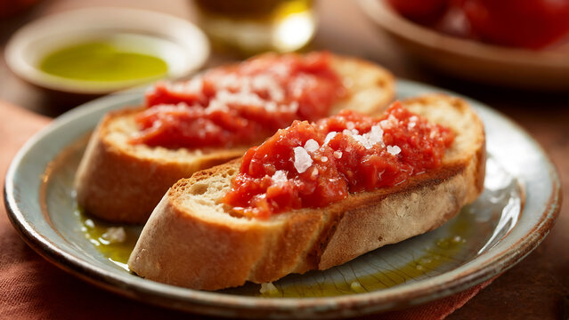 A rustic close-up photograph of traditional Spanish pan con tomate served on a weathered ceramic plate. The thick slice of crusty bread is golden and toasted, generously rubbed with fresh garlic and t