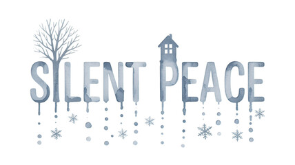 Experience serene winter tranquility with elegant 'Silent Peace' text art featuring a whimsical tree and house motif.