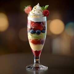 Berry Fruit Parfait Dessert In Tall Glass Blurry Background