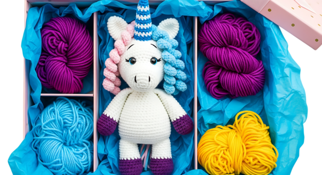 Handmade crochet unicorn toy and colorful yarn skeins in a gift box