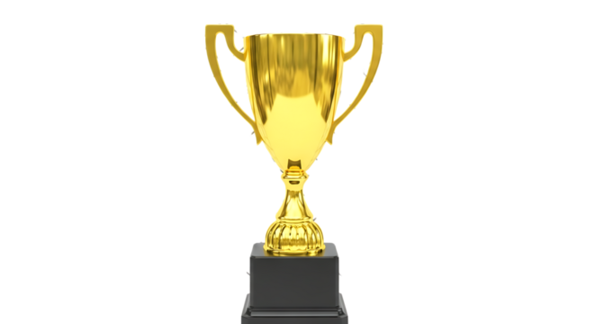 A gleaming golden trophy with handles stands proudly on a dark pedestal against a solid black background