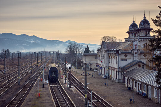 passenger train in the CFR station in Comanesti, Bacau county
