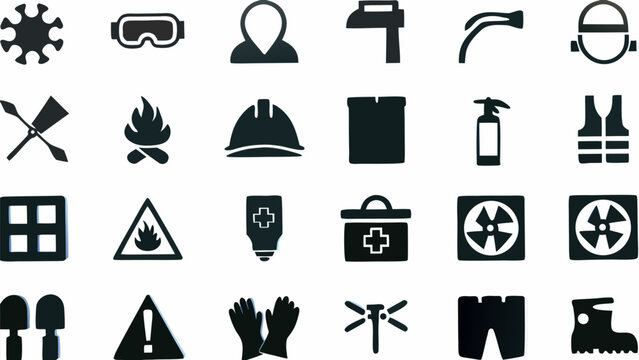 Illustration of various safety and emergency icons including fire, medical, and protective equipment items