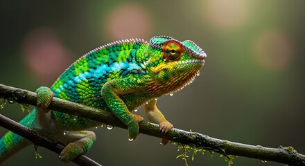 Obraz premium Vibrant Chameleon Perched on Branch—Detailed Close-Up