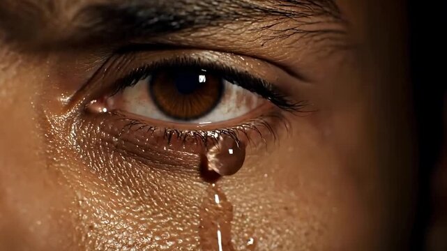 Dramatic Close-up: Tear Rolling Down Emotional Human Eye