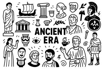 Obraz premium Ancient era culture and civilization symbols in black and white doodle style, Transparent Background