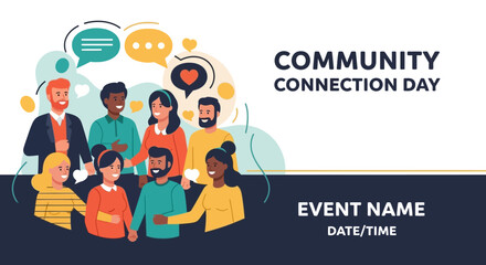 Community Connection Day illustration featuring diverse people and speech bubbles.