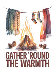 Cozy campfire scene with drying woolen scarves and socks evokes feelings of comfort, warmth, and hygge