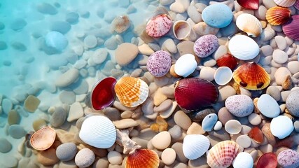 Aerial view of seashells and pebbles on pebble beach with clear blue water. - Powered by Adobe