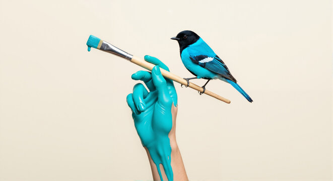 A hand covered in turquoise paint holds a paintbrush with a matching bird. Surreal artistic concept connecting nature and creativity. Minimalist background with copy space.