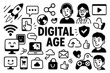 Digital age concept with technology icons and online lifestyle doodle illustration