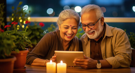 A joyful elderly couple enjoys a cozy evening together, smiling and laughing while sharing memories