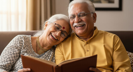 Happy indian senior couple smiling and looking old memories