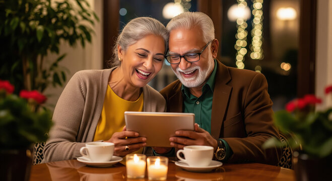 A joyful elderly couple enjoys a cozy evening together, smiling and laughing while sharing memories