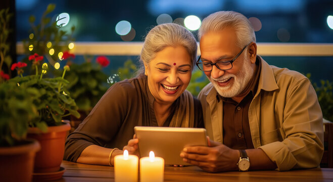 A joyful elderly couple enjoys a cozy evening together, smiling and laughing while sharing memories