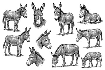 Vintage donkey sketches in multiple poses, detailed black and white engraving style
