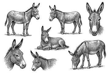 Vintage donkey sketches in multiple poses, detailed black and white engraving style © FriskySloths