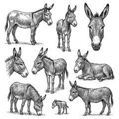 Vintage donkey sketches in multiple poses, detailed black and white engraving style