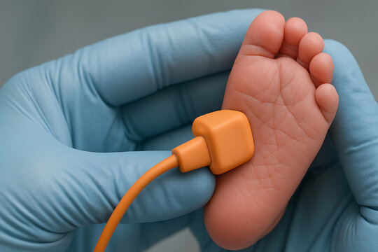 Close-up of a newborn’s tiny foot held gently by gloved hands, with an orange medical sensor attached, symbolizing neonatal care and health monitoring precision.