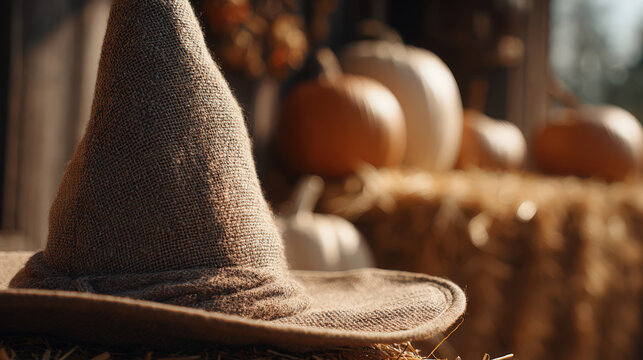 Witch's hat on hay bales with pumpkins, perfect for the fall season. - Powered by Adobe