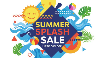 Obraz premium Summer Splash Sale graphic with sun, waves, and tropical leaves.