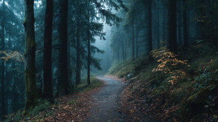 Fototapeta premium A mysterious path winds through a tranquil, misty forest in autumn.