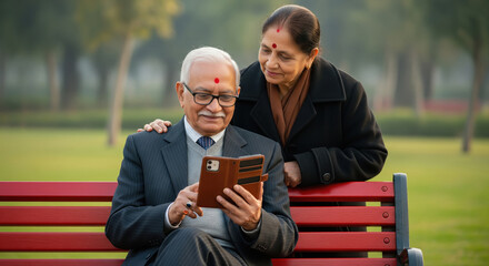 An elderly Indian couple using a tablet and smartphone together
