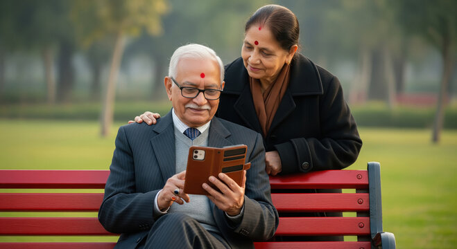 An elderly Indian couple using a tablet and smartphone together