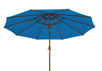 Isolated blue wooden outdoor umbrella, for garden, patio, deck and backyard shading