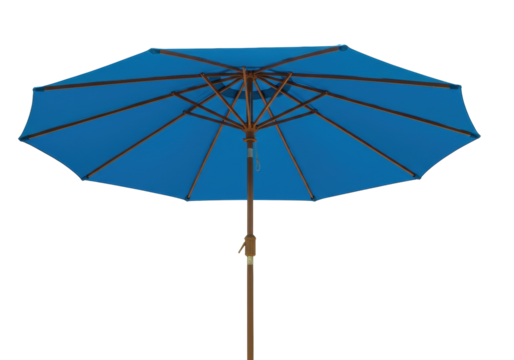 Isolated blue wooden outdoor umbrella, for garden, patio, deck and backyard shading