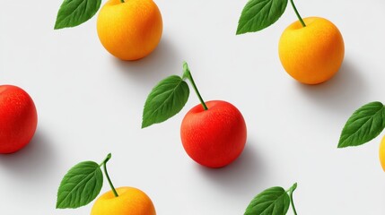 Naklejka premium Colorful fruit arrangement with vibrant oranges, red cherries, and green leaves on a clean, white background showcasing freshness and vivid colors