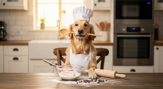 Golden retriever dog wearing chef hat and apron in bright kitchen. Dog holds wooden spoon, representing playful, domestic animal in human role - Powered by Adobe
