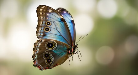 Vibrant Blue Morpho butterfly displaying its intricate wing patterns and colorful eyespots in a natural .jungle setting.