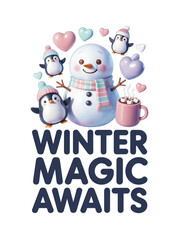 Charming winter scene with playful penguins, a smiling snowman, and hot cocoa, perfect for holiday cheer.