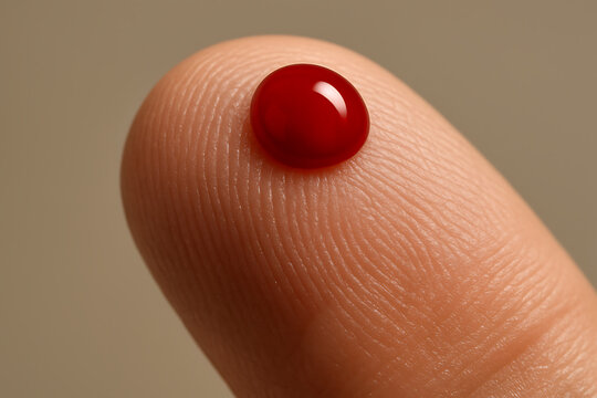 Macro shot of a fingertip with a vivid red drop of blood, highlighting detail and texture, representing medical testing and human biology concepts. - Powered by Adobe