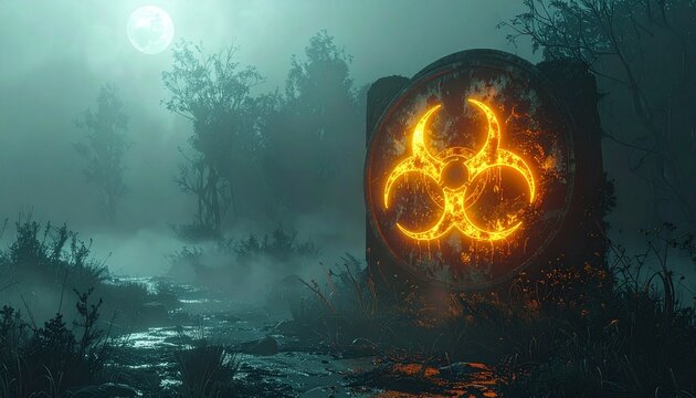 Biohazard Warning Sign in Eerie Environment.