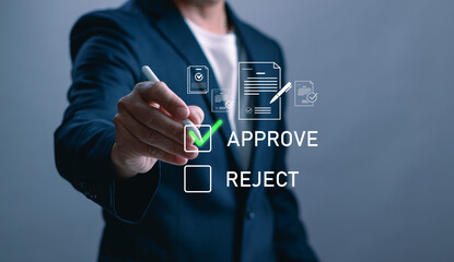 Businessman choosing the approve option on a digital interface with document icons. Concept of online approval, signature, digital workflow, paperless process and business decision making