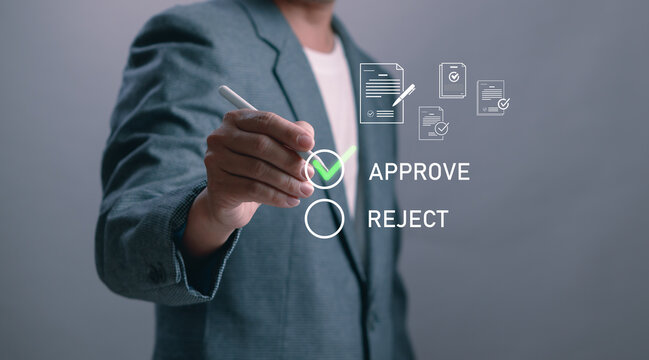 Businessman selecting the approve option on a virtual screen with document icons. Concept of business decision, digital form approval, online application processing and document verification - Powered by Adobe